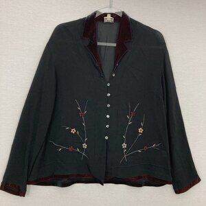 Vintage Bouquet Black Velvet Trim Floral Embroidered Sheer Top Small Whimsigoth